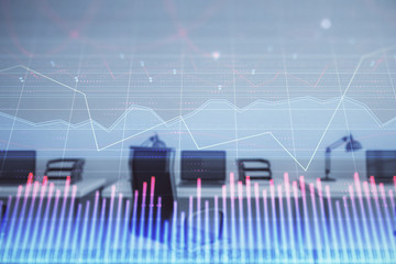 Stock and bond market graph with trading desk bank office interior on background. Multi exposure. Concept of financial analysis