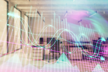 Stock and bond market graph with trading desk bank office interior on background. Multi exposure. Concept of financial analysis