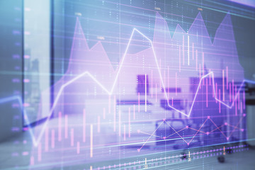 Stock market chart with trading desk bank office interior on background. Double exposure. Concept of financial analysis