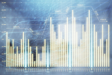 Stock market chart with trading desk bank office interior on background. Double exposure. Concept of financial analysis