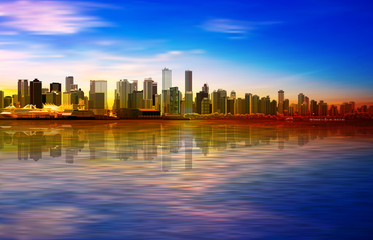 Fototapeta na wymiar abstract spring sunset background with blue sky and panorama of Vancouver