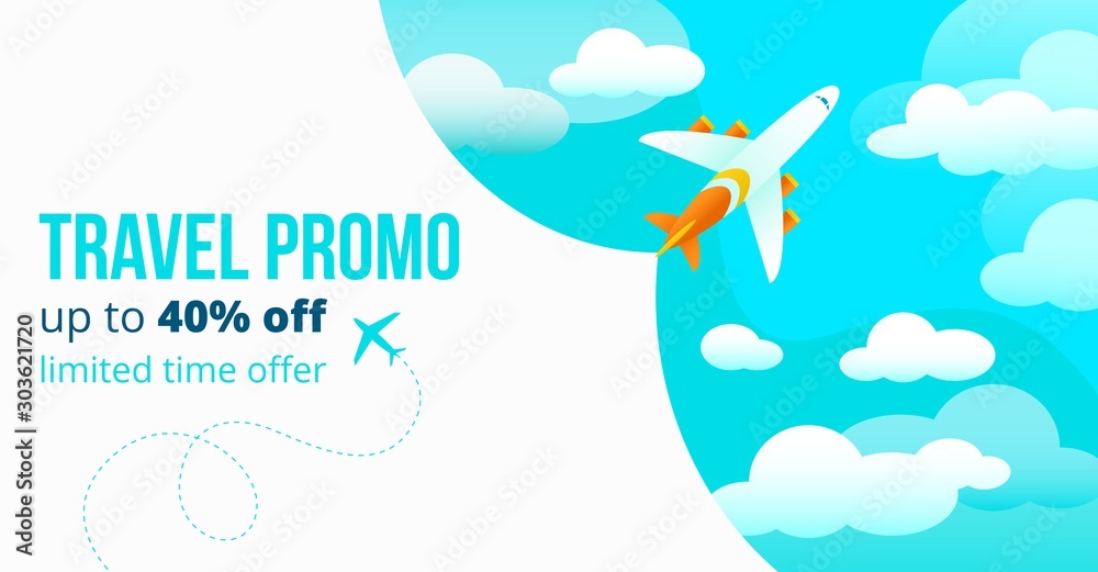 Wall mural travel promo up to forty percents off poster vector illustration. add banner with blue sky and flyin