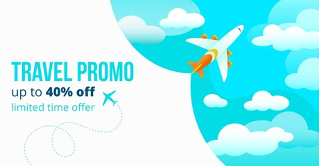 Travel promo up to forty percents off poster vector illustration. Add banner with blue sky and flying airplane limited time offer for tourists to travel abroad flat style design. Travelling concept