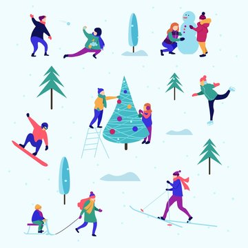 Winter pattern or background with people performing activities vector illustration. Young female and male characters skiing, skating, sledging in park flat style design. Happy holidays concept