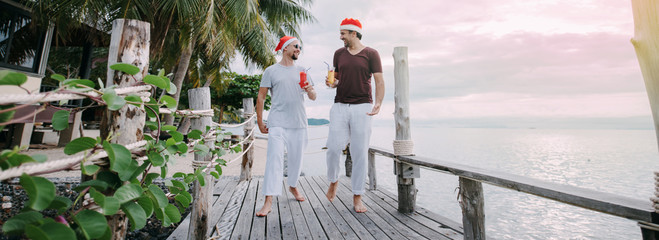 Friends with cocktails in Christmas caps on the ocean on a tropical island
