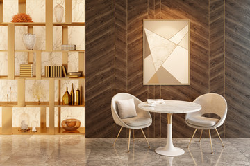 Modern interior with a table and chairs, a picture on a dark wood wall, shelving with decor. Front view. 3d illustration