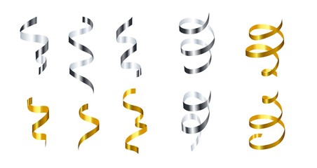 Silver and golden spiral ribbons festive set vector illustration. Decoration for banner, invitation, greeting cards with grey and yellow falling streamers flat style concept. Isolated on white