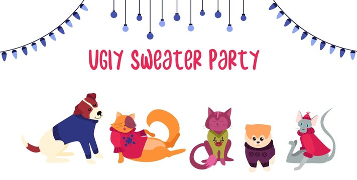 Festive cute template with cats and dogs poster vector illustration. Ugly sweater party invitation flyer with funny pets in bizarre jerseys flat style design. Holidays concept