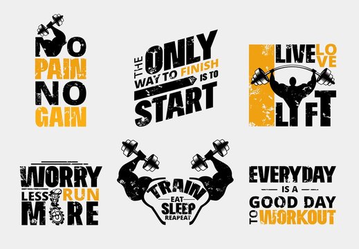 Everyday No Pain No Gain Workout Poster Set Vector Illustration. Gym Motivational Template With Barbell And Plates Of Hard Metal To Make People Stronger Flat Style Design. Training Concept