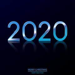 Happy New Year or Xmas card with shining blue text 2020 on black. Vector.