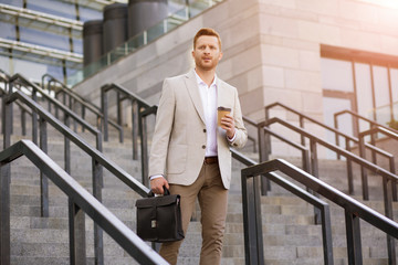 Pensive man going down stock photo