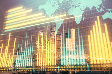 Double exposure of financial graph and world map on city veiw background. Concept of financial market research and analysis