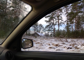 the first snow, the beginning of winter, the view from the car on the forest road.