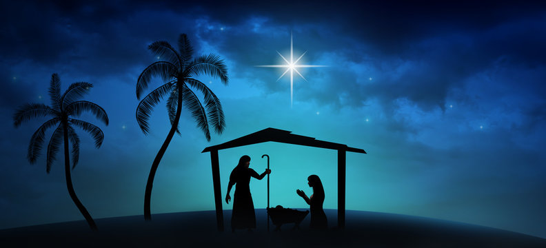 Christmas time. Manger with baby Jesus, Mary, Joseph and star of Bethlehem. Copy space.