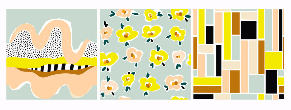Hand drawn various shapes, flowers, lines, squares and doodle objects. Set of three abstract contemporary modern trendy vector seamless patterns. Perfect for textile prints. Every pattern is isolated