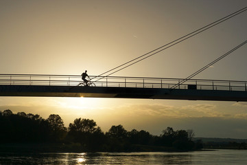 A bridge in Dresden Pieschen on the Elbe Cycle Route during sunset
