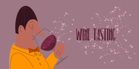 Wine tasting. A well dressed man with a big nose smells the wine. Professional sommelier in a yellow jacket and a orange bow tie sips the red wine. Wine expert enjoys the glass of wine.- Vector - obrazy, fototapety, plakaty