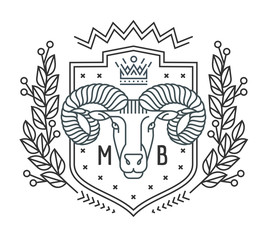 Emblem, badge with a ram head in the style of linear engravings, armorial symbols. In the style of linear engravings.  Coat of arms, heraldry. Aries zodiac sign. 