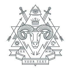 Emblem, badge with a ram head in the style of linear engravings, armorial symbols. In the style of linear engravings.  Coat of arms, heraldry. Aries zodiac sign. 