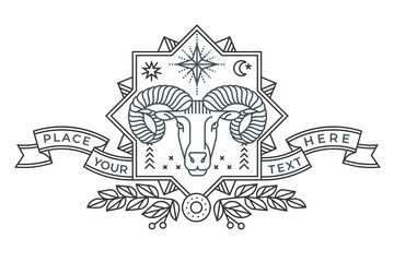 Emblem, badge with a ram head in the style of linear engravings, armorial symbols. In the style of linear engravings.  Coat of arms, heraldry. Aries zodiac sign. 