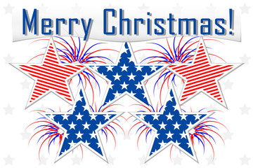 Fototapeta na wymiar Congratulations Merry Christmas in American style, congratulation banner on the background of American stars and flag. Traditional family holiday concept