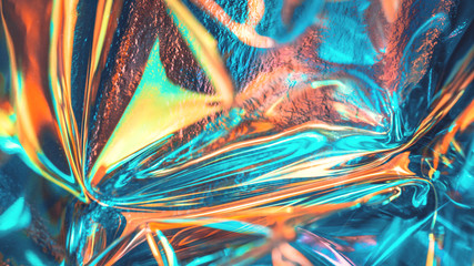 Abstract iridescent turquoise orange and blue fluid liquids reflections background with lens flare...