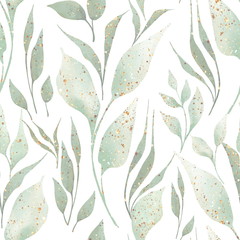 Nahtloses Muster der grünen Blätter und der Niederlassungen auf Weiß. Aquarellillustration