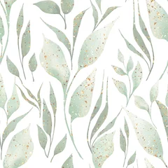Gordijnen Groene bladeren en takken naadloos patroon op wit. Aquarel illustratie © Gribanessa