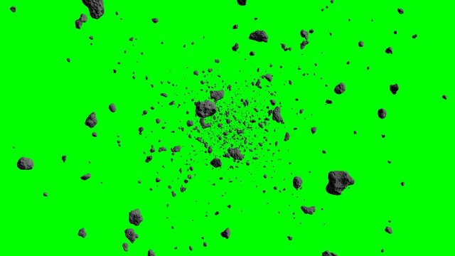 asteroid field fly through, science fiction space scene, isolated on green screen background, 4k loop