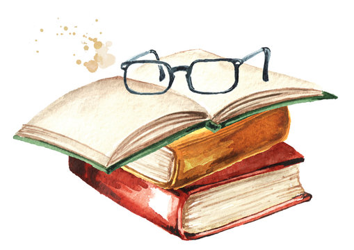 Old books and glasses. Watercolor hand drawn illustration isolated on white background