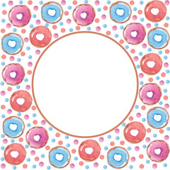 Round frame of watercolor donuts. Use for invitations, menus, birthdays.