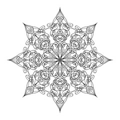 Vector pen and ink drawing of snow flake shape, round ornamental graphic design in mandala style.