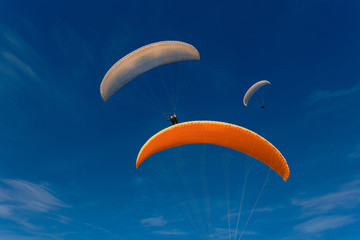 Paragliders at the blue sky