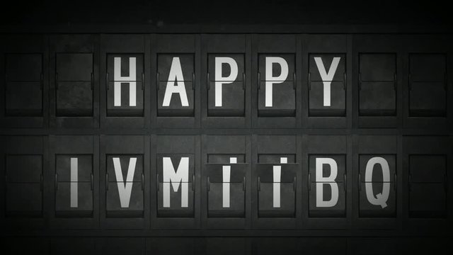 Happy New Year Greetings With Airport Split Flap Letters/ 4k animation of a happy new year celebration background with airport style split flap letters showing and grain and texture overlays