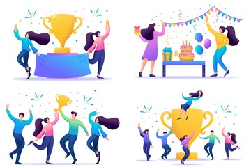 Set 2D Flat concepts celebrate the success of the team, achieve the goal, enjoy working together. For Concept for web design