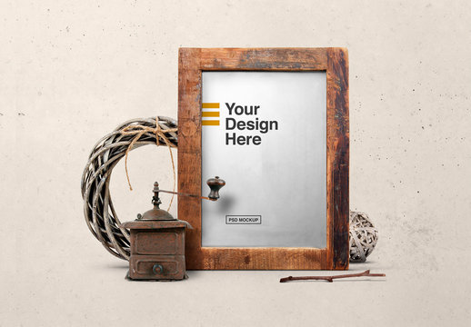 Rustic Frame and Antique Coffee Grinder Mockup