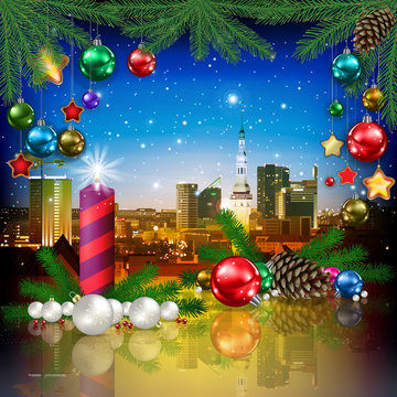 celebration illustration with pine cone cityscape of Tallinn and Christmas decorations