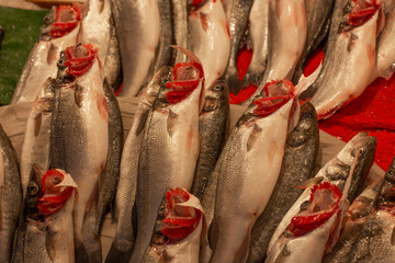 Obraz premium sea bass fish on fish table