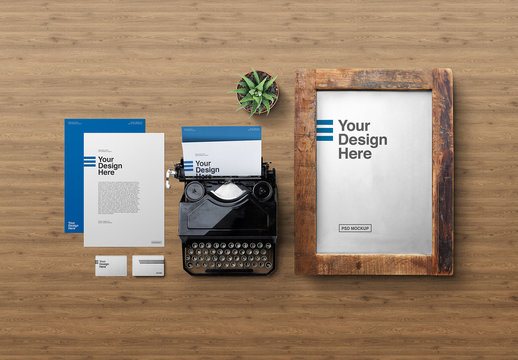 Rustic Frame, Stationery, and Typewriter Mockup