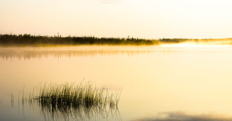 Foggy lake in Canada during sunrise