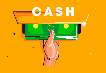 Vector illustration of cash withdrawal from ATM, hand holding a wad of money - obrazy, fototapety, plakaty