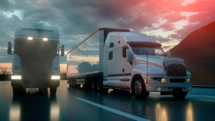 Two white trucks on the road, highway. Transports, logistics concept. 3d rendering