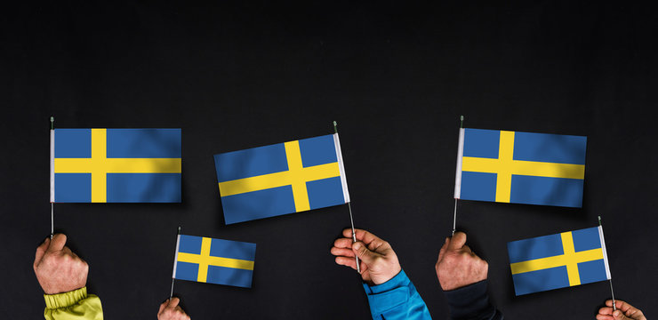  Hands holds flags of Sweden on dark background