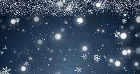 Snowflakes and bokeh lights on the blue Merry Christmas background. 3D render