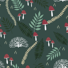 Seamless forest pattern with mushrooms and plants