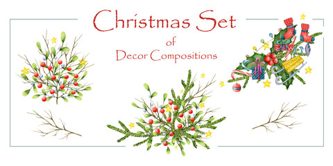 The festive set of three beautiful floral compositions from Christmas green twigs and decorations isolated on a white background