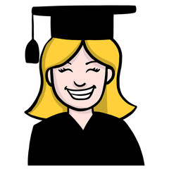 comic illustration of a graduate student with blond hair and hat on his head laughing. avatar, vector, color.