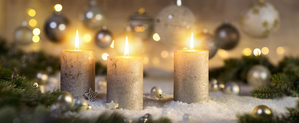 Creative Advent decoration with three burning candles (part of a set) - obrazy, fototapety, plakaty
