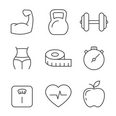 Fitness and gym line icons on white background. Editable stroke
