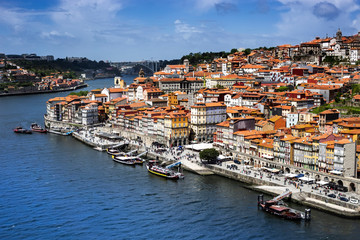 Fototapeta na wymiar Panoramic view of Old Porto Oporto city and Ribeira over Douro river from Vila Nova de Gaia, Portugal